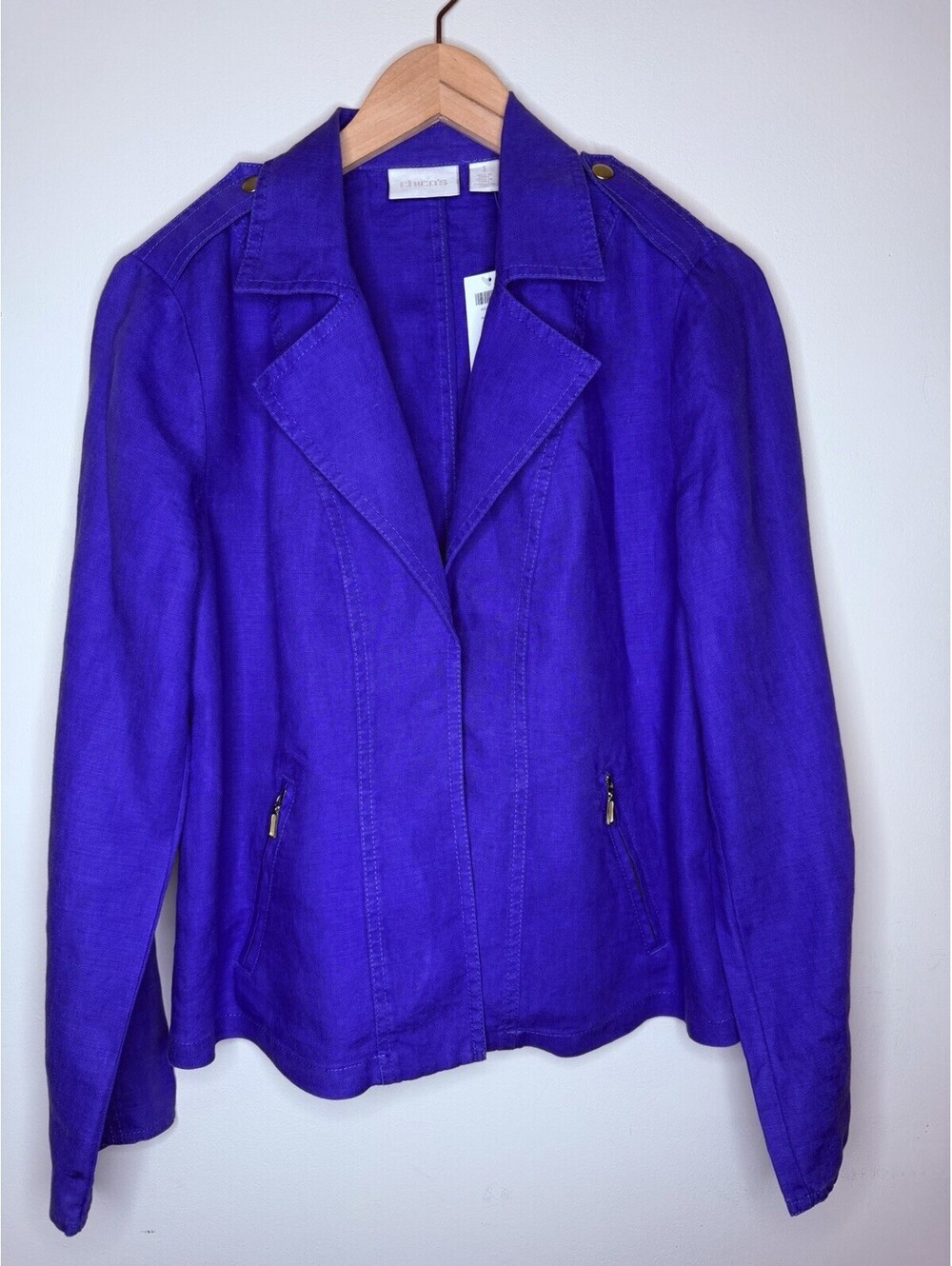 Chico’s Women's Purple 100% Linen Moto Blazer Cropped Jacket 3/4 Sleeves Size1